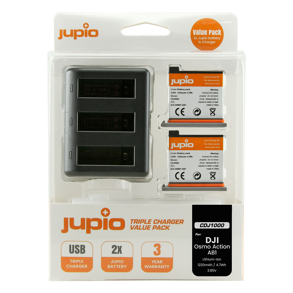 Image de Jupio Value Pack: 2x Battery DJI Osmo Action AB1 1220mAh + Compact USB Triple Charger