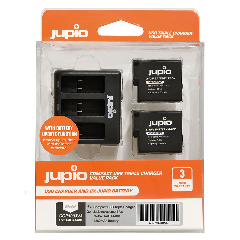 Image de Jupio Value Pack: 2x Battery GoPro HERO5/6/7, HERO (2018) AHDBT-501 1260mAh + Compact USB Triple Charger
