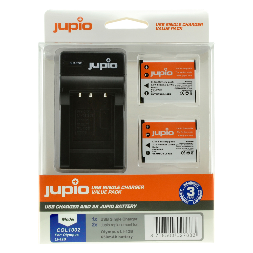Image de Jupio Value Pack: 2x Battery Li-40B/Li-42B/NP45/D-Li63/EN-EL10 + USB Single Charger