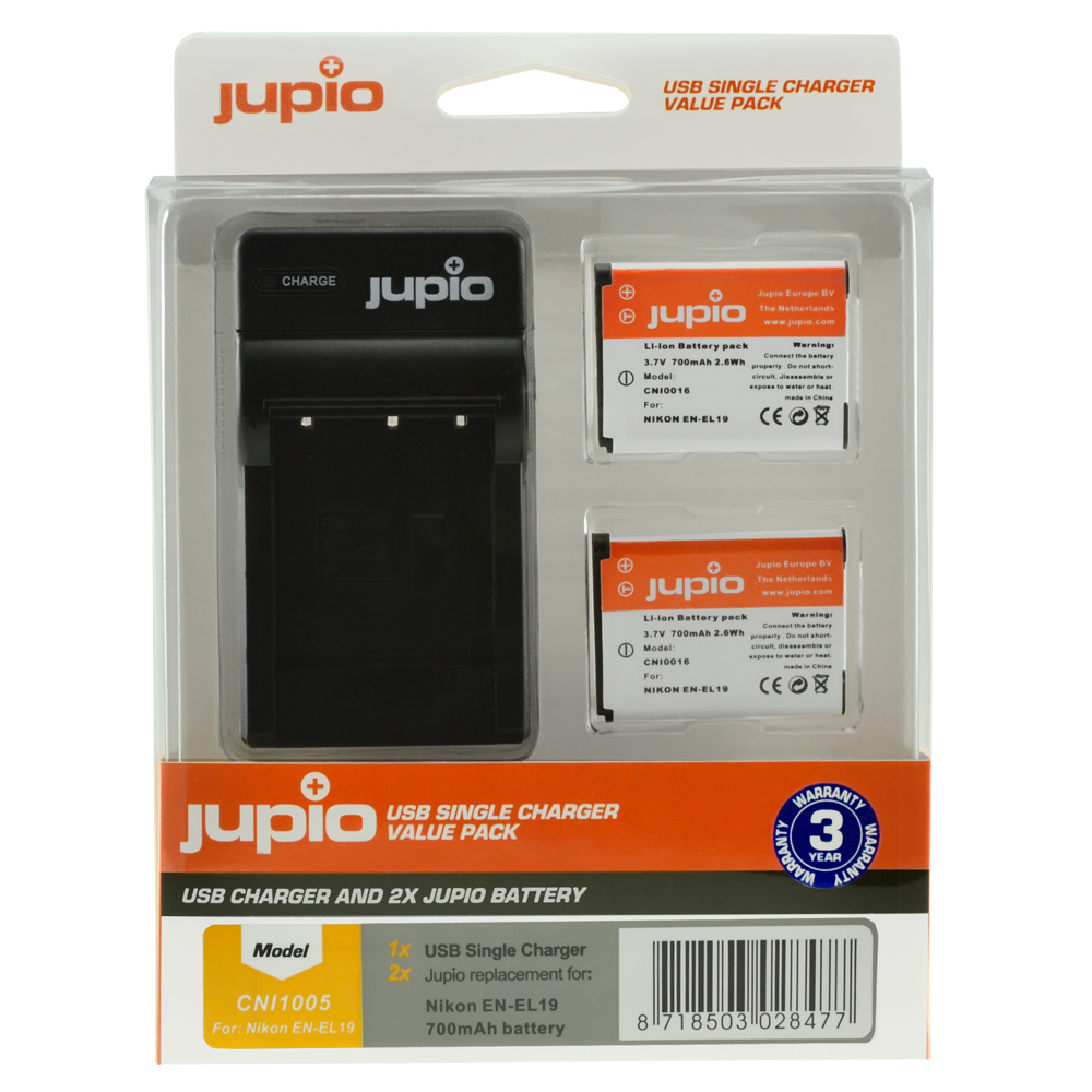 Image de Jupio Value Pack: 2x Battery EN-EL19 + USB Single Charger