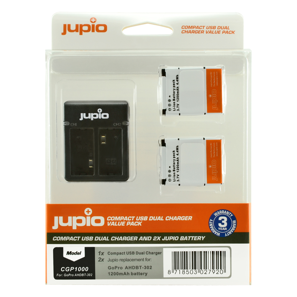 Afbeelding van Jupio Value Pack: 2x Battery GoPro AHDBT-302 HERO3+ 1200mAh + Compact USB Dual Charger