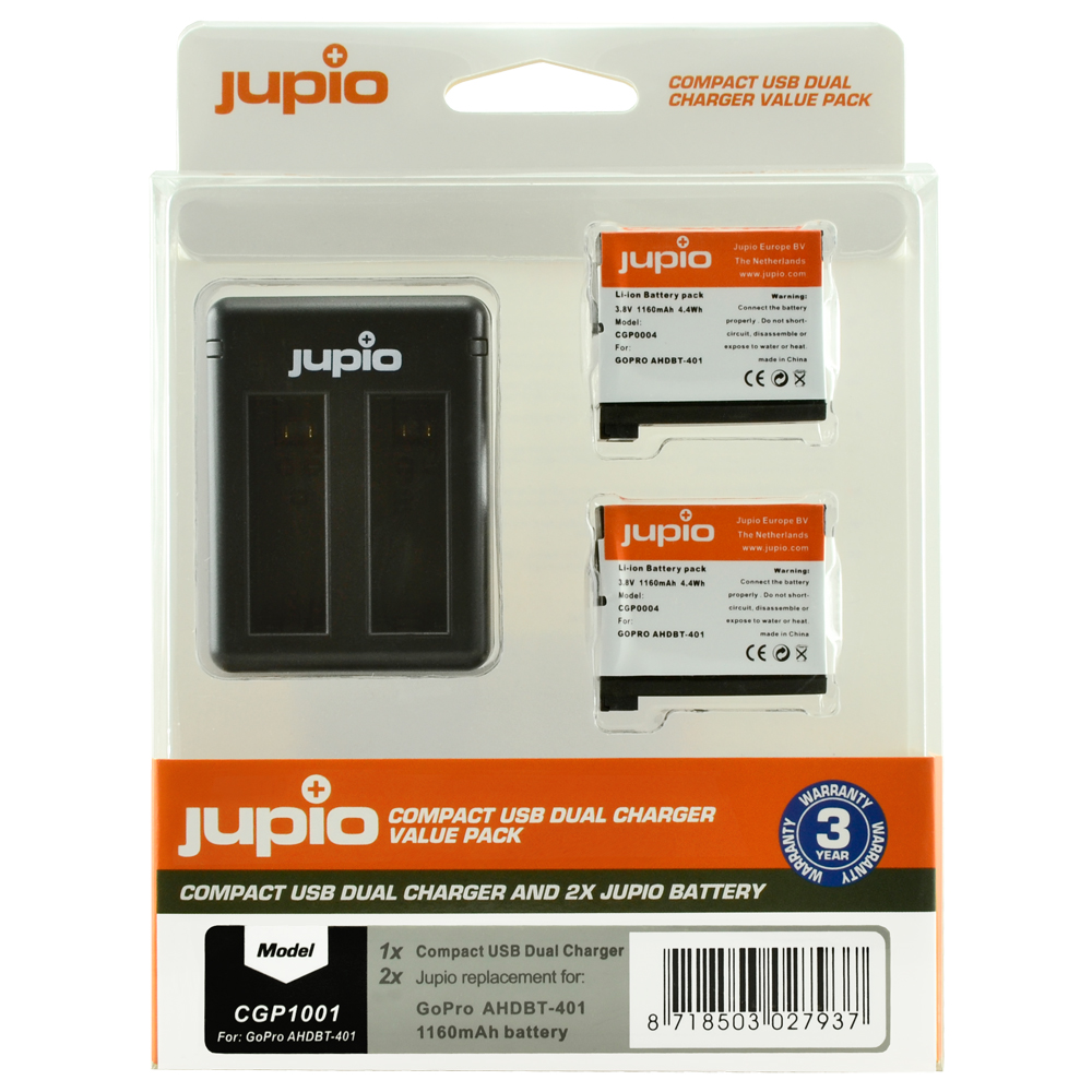 Image de Jupio Value Pack: 2x Battery GoPro AHDBT-401 HERO4 1160mAh + Compact USB Dual Charger
