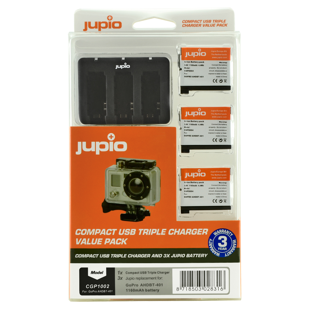 Image de Jupio Value Pack: 3x Battery GoPro AHDBT-401 HERO4 1160mAh + Compact USB Triple Charger
