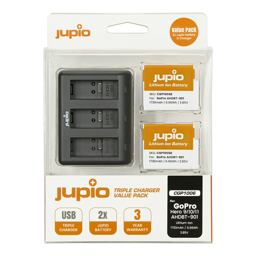 Image de Jupio Value Pack: 2x Enduro Battery GoPro HERO 9 | HERO 10 | HERO 11 | HERO 12 - SPBL1B/AHDBT-901 1730mAh + Compact USB Triple Charger