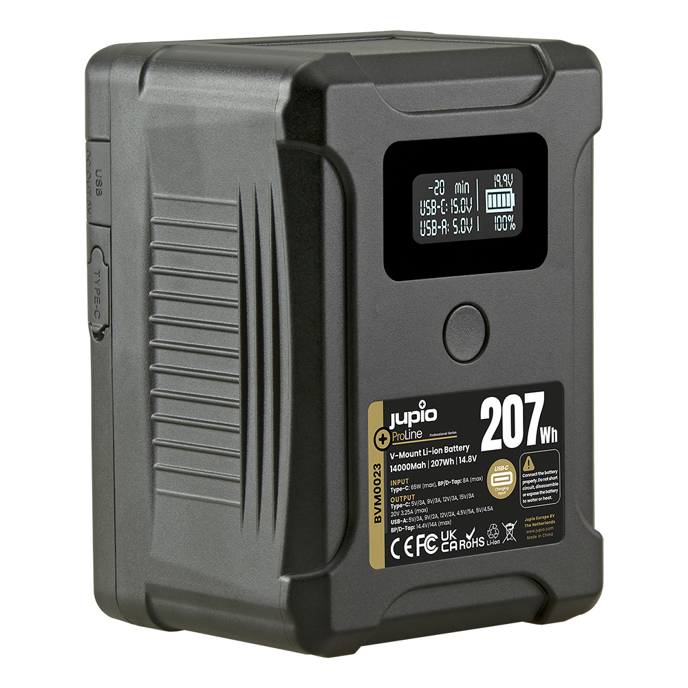Image de *ProLine* Extreme 207 V-Mount battery 14000mAh (207Wh) - LCD Display, USB-C PD 65W in/output, D-Tap in/output and USB-A output.