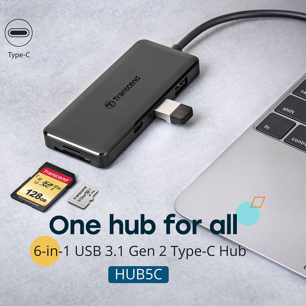 Picture of Transcend 3-Port USB 3.1 Gen 2 HUB | 1-Port PD | SD/MicroSD Reader | with USB Type-C cable