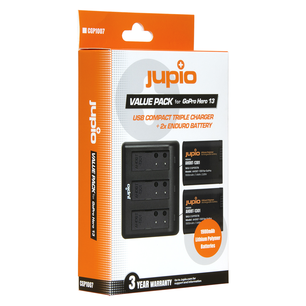 Image de Jupio Value Pack: 2x Enduro Battery GoPro HERO 13 - AHDBT-1301 / CPSS1B 1900mAh + Compact USB Triple Charger