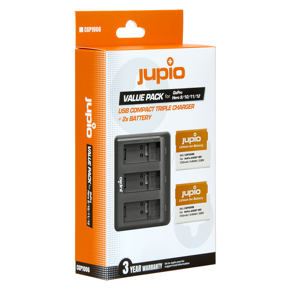 Image de Jupio Value Pack: 2x Enduro Battery GoPro HERO 9 | HERO 10 | HERO 11 | HERO 12 - SPBL1B/AHDBT-901 1730mAh + Compact USB Triple Charger